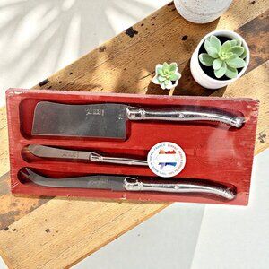 Laguiole Jean Dubost France 3-Piece Cheese Knife Set in Red Wood Tray Holder